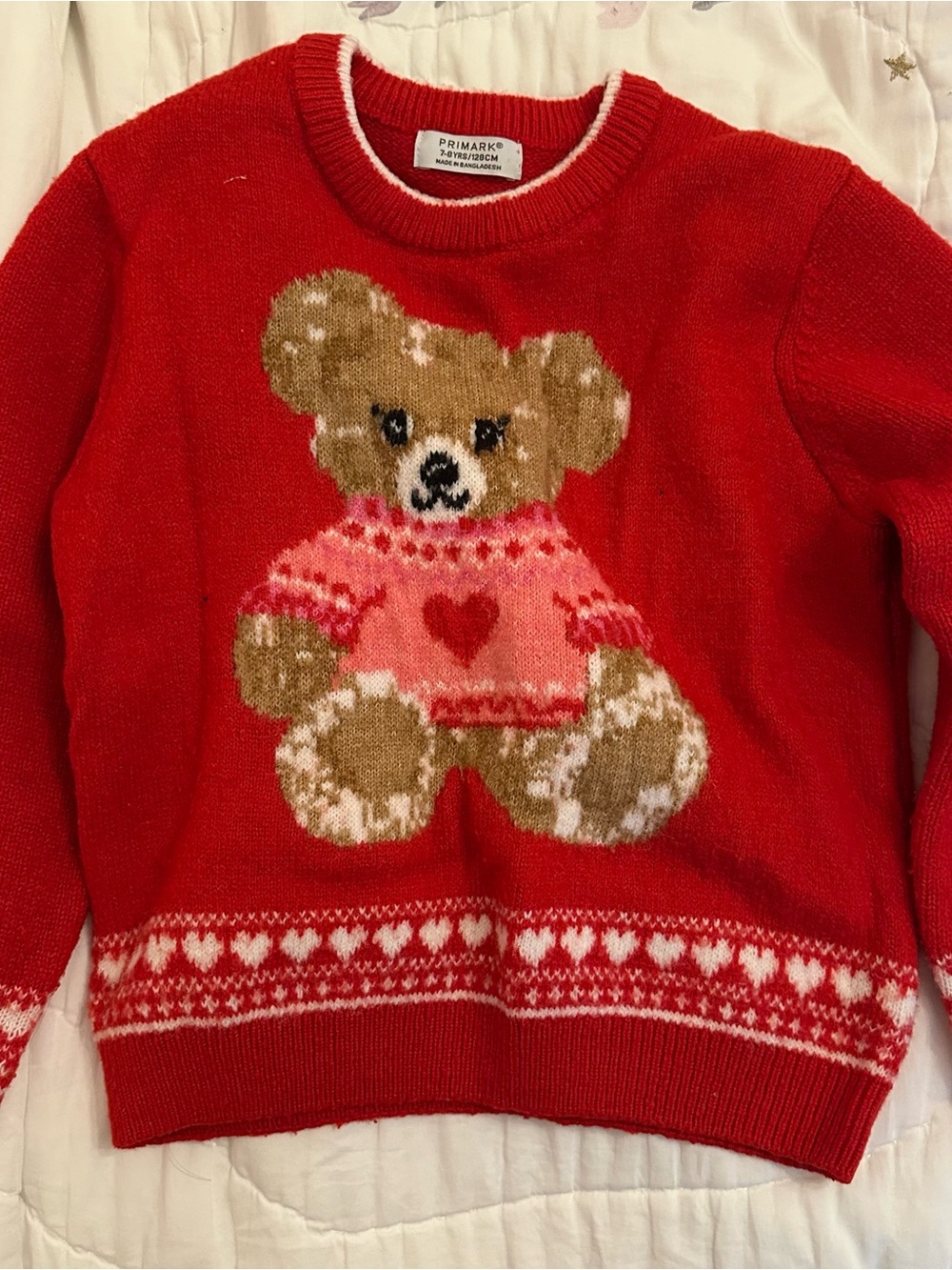 Primark Red Teddy Bear Crewneck Sweater with Pink Heart